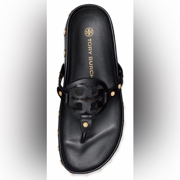 NWT Tory Burch Miller Cloud  Gold Coin Thong Sandals Perfect Black Size 11 M - Picture 7 of 11